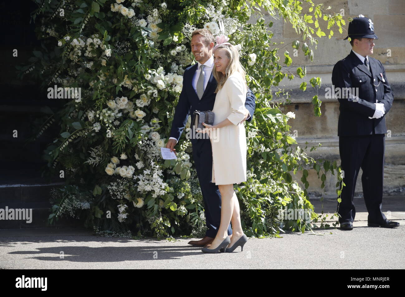 Jonny Wilkinson and his wife Shelley Jenkins arrive at St George's Chapel at Windsor Castle for the wedding of Prince Harry and Meghan Markle. Stock Photo