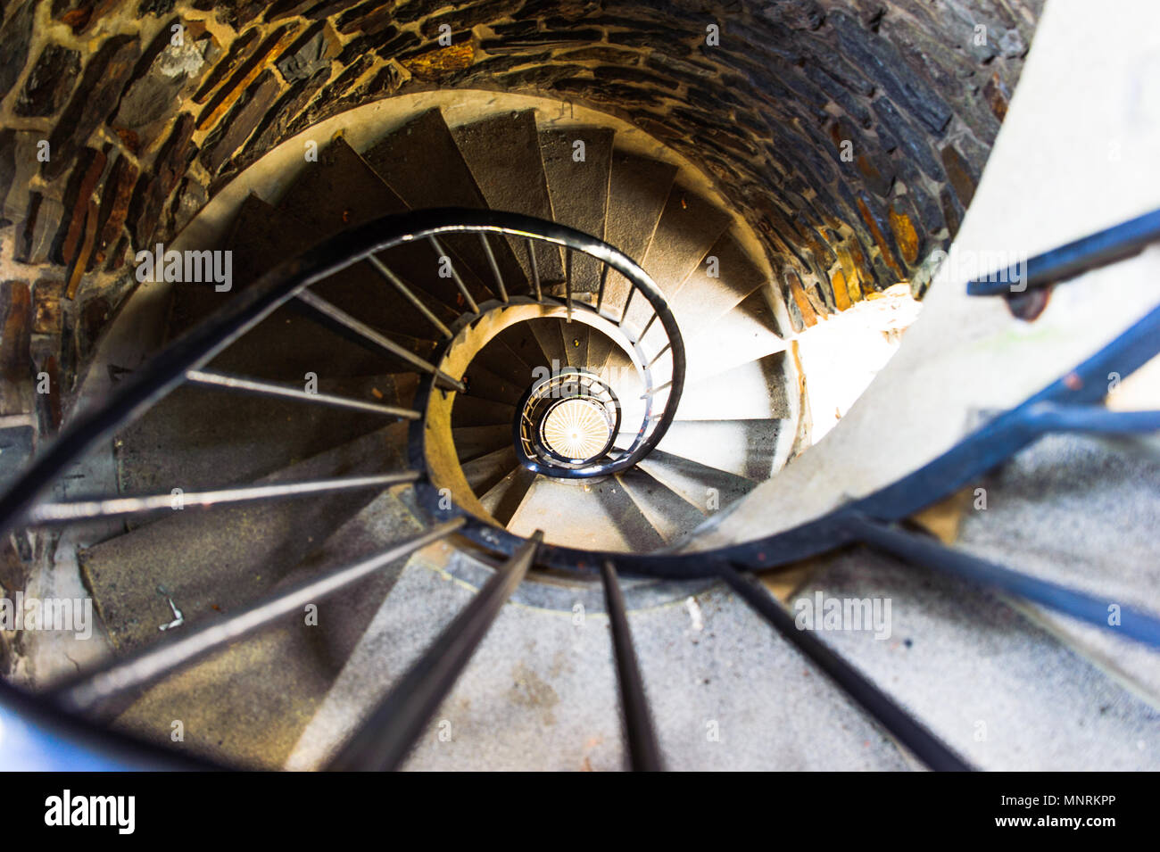 Spiral stairs inside of a historical tower, Wiltz, Luxembourg Stock Photo