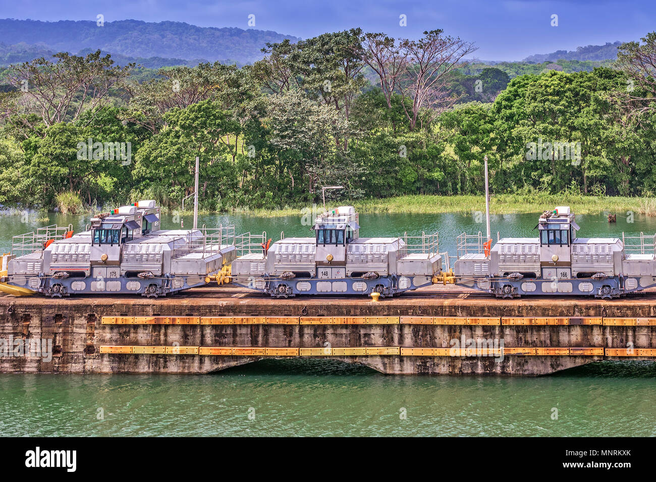 Parked Mules On The Panama Canal, Panama, Central America Stock Photo