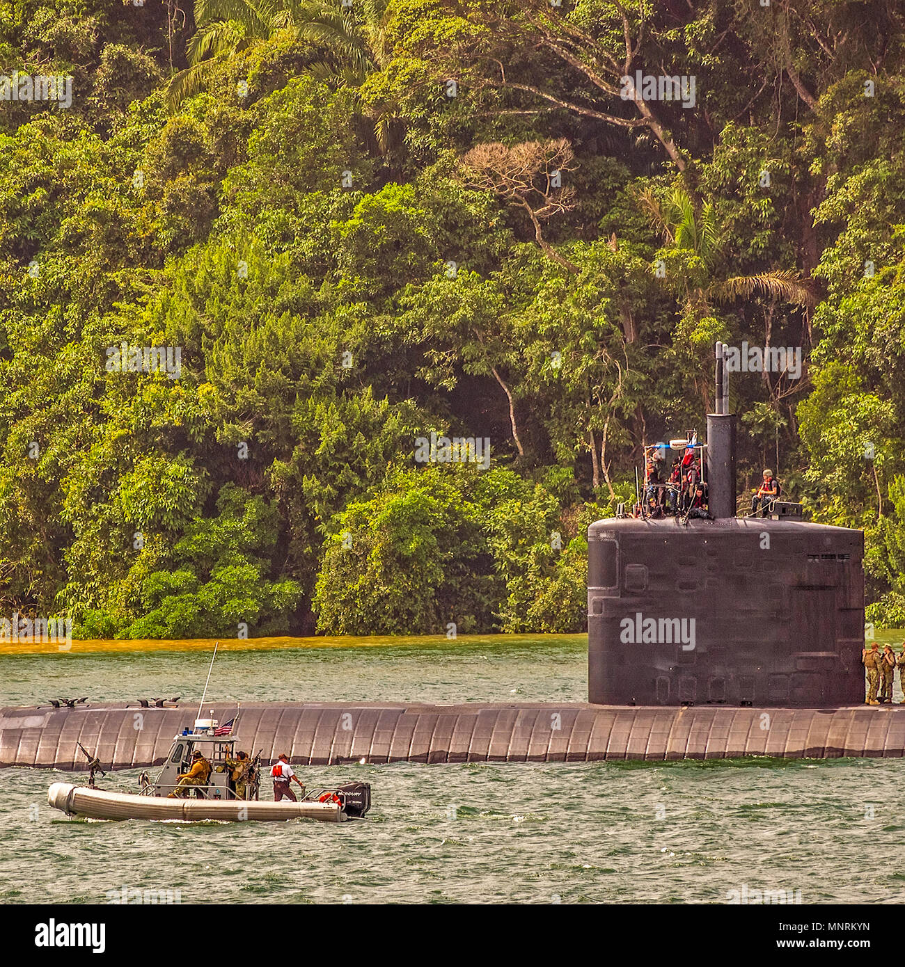 Submarine Passing Through Gatun Lake, Panama Canal, Panama, Central America Stock Photo