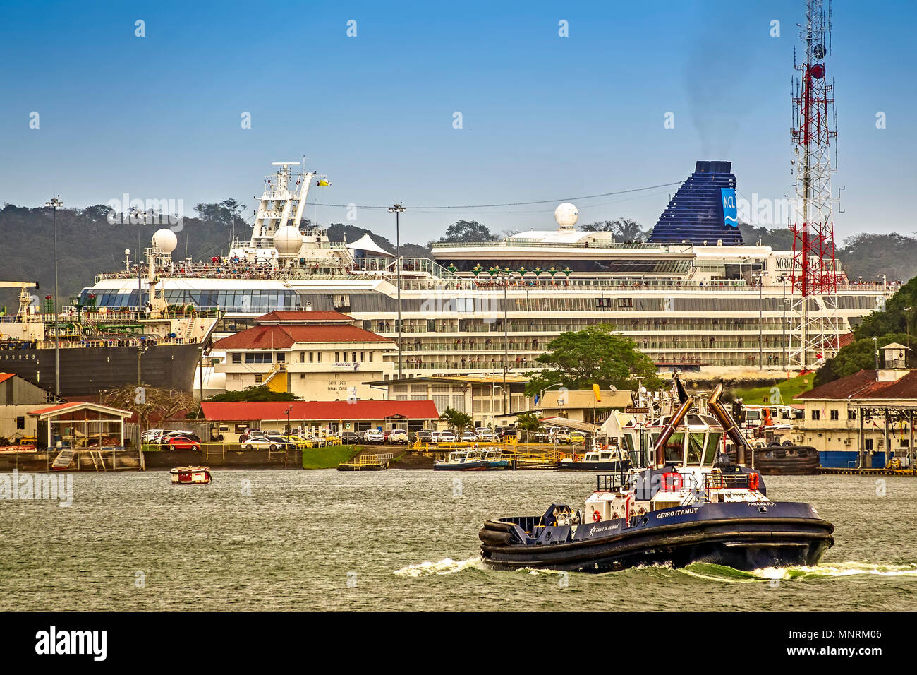 Returning Tug,Gatun Lake, Panama Canal, Panama, Central America Stock Photo