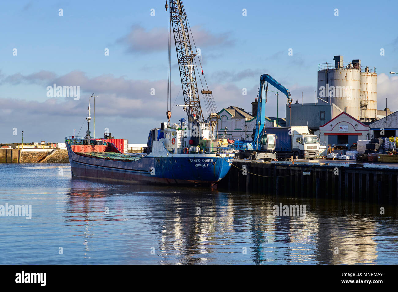 Coaster boat Silver River docked at Ramsey commercial docks in the Isle of Man Stock Photo