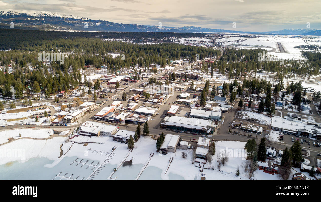 McCall Idaho aerial view in winter with cars in the streets Stock Photo
