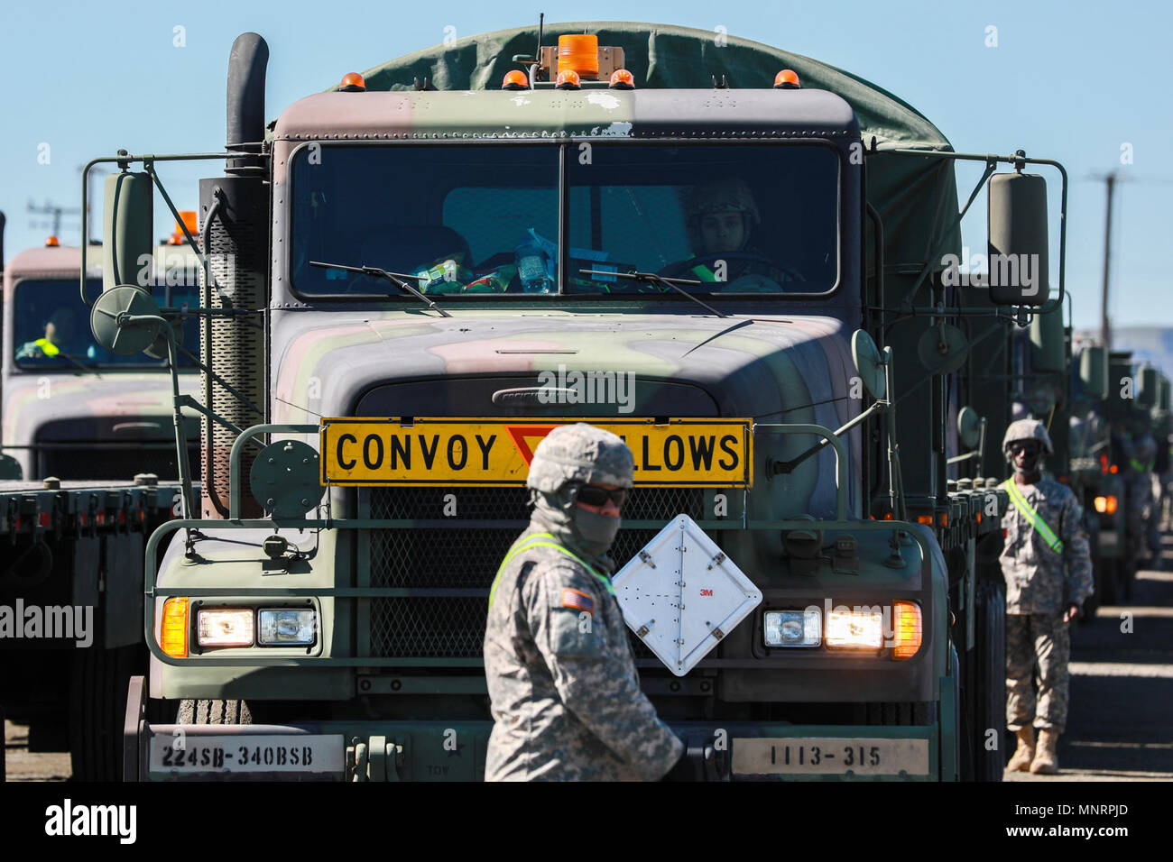 U.S. Army Reserve Soldiers prepare for convoy operations during Operation Patriot Bandolier at Military Ocean Terminal Concord, California, Mar. 4, 2018. Operation Patriot Bandolier is a real-world strategic mission utilizing U.S. Army Reserve, National Guard and Active component Soldiers transport Army materiel and munitions containers across the U.S. Stock Photo