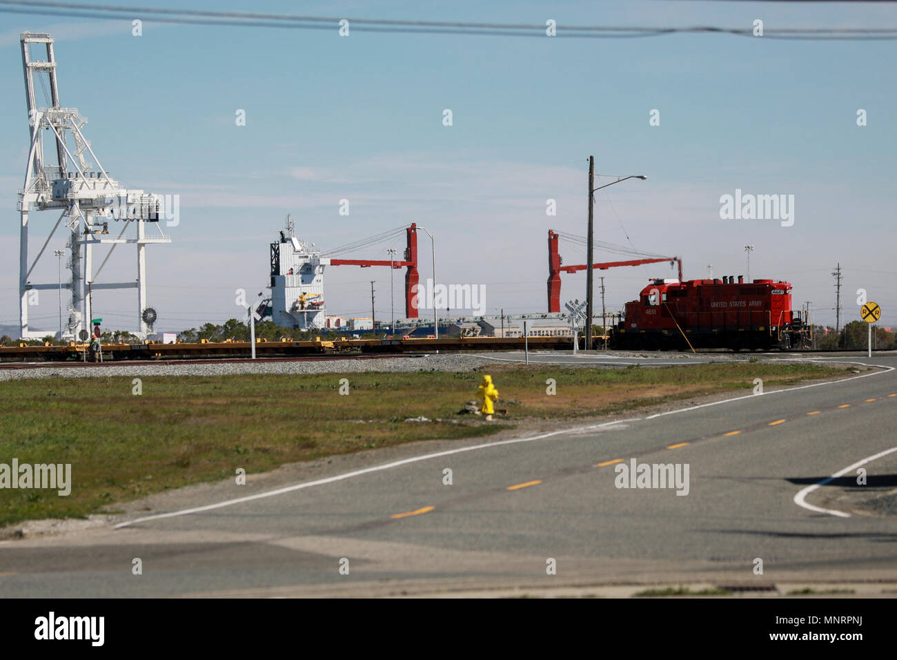 Military Ocean Terminal Concord, California, Mar. 6, 2018. Trans Mariner 18 West is a real-world strategic mission utilizing U.S. Army Reserve and Active component Soldiers to conduct Port Operations allowing Army materiel and munitions containers for travel onward. Stock Photo