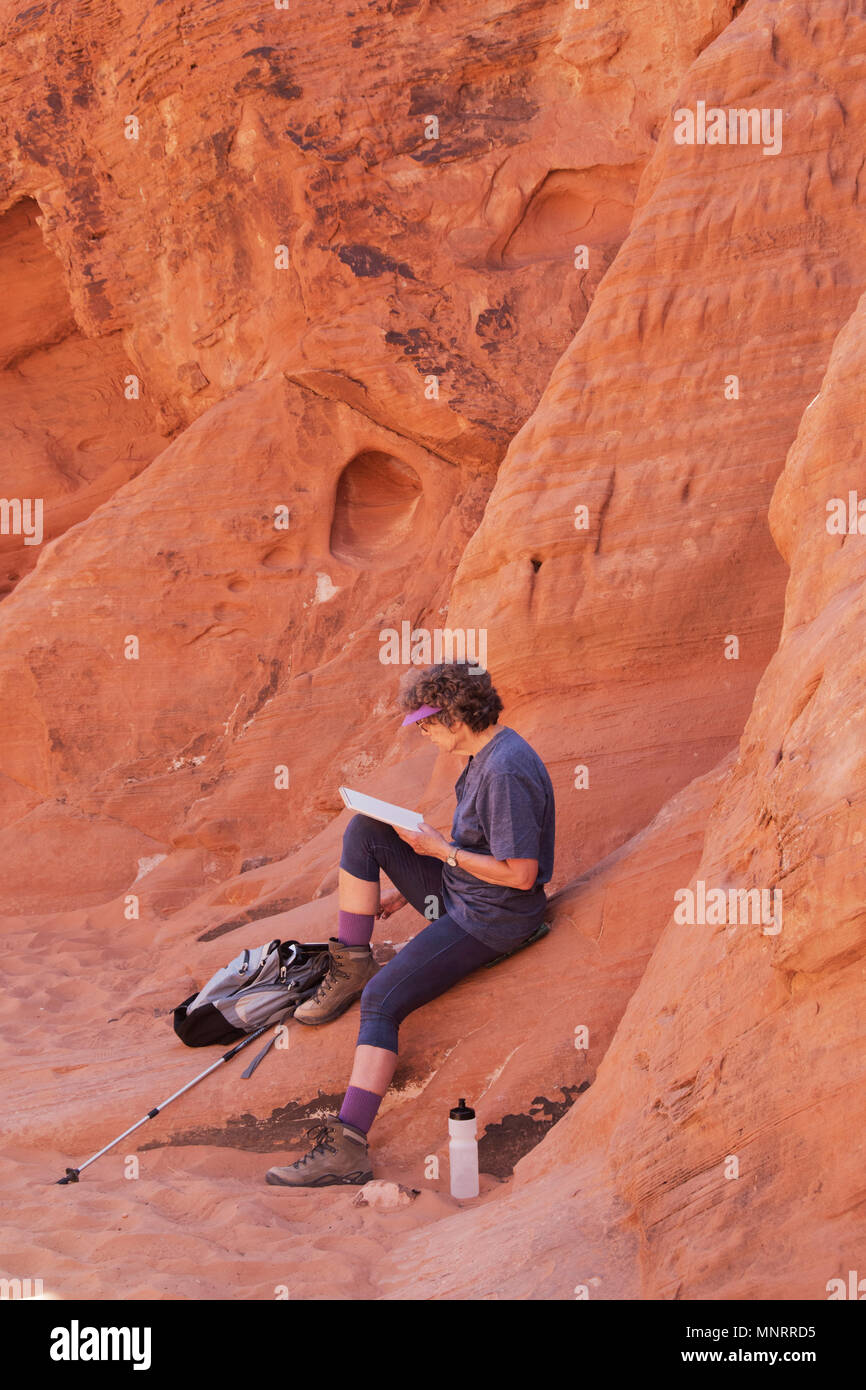 Artist Martha Hill doing watercolors in sandstone canyon, Valley of Fire State Park, Nevada Stock Photo