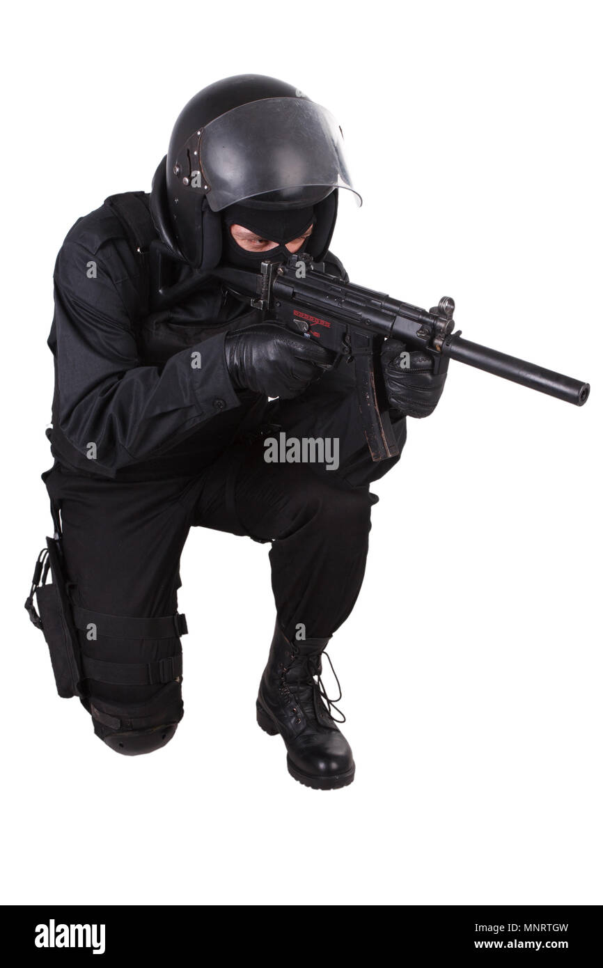 police special forces officer in black uniform isolated on white Stock Photo