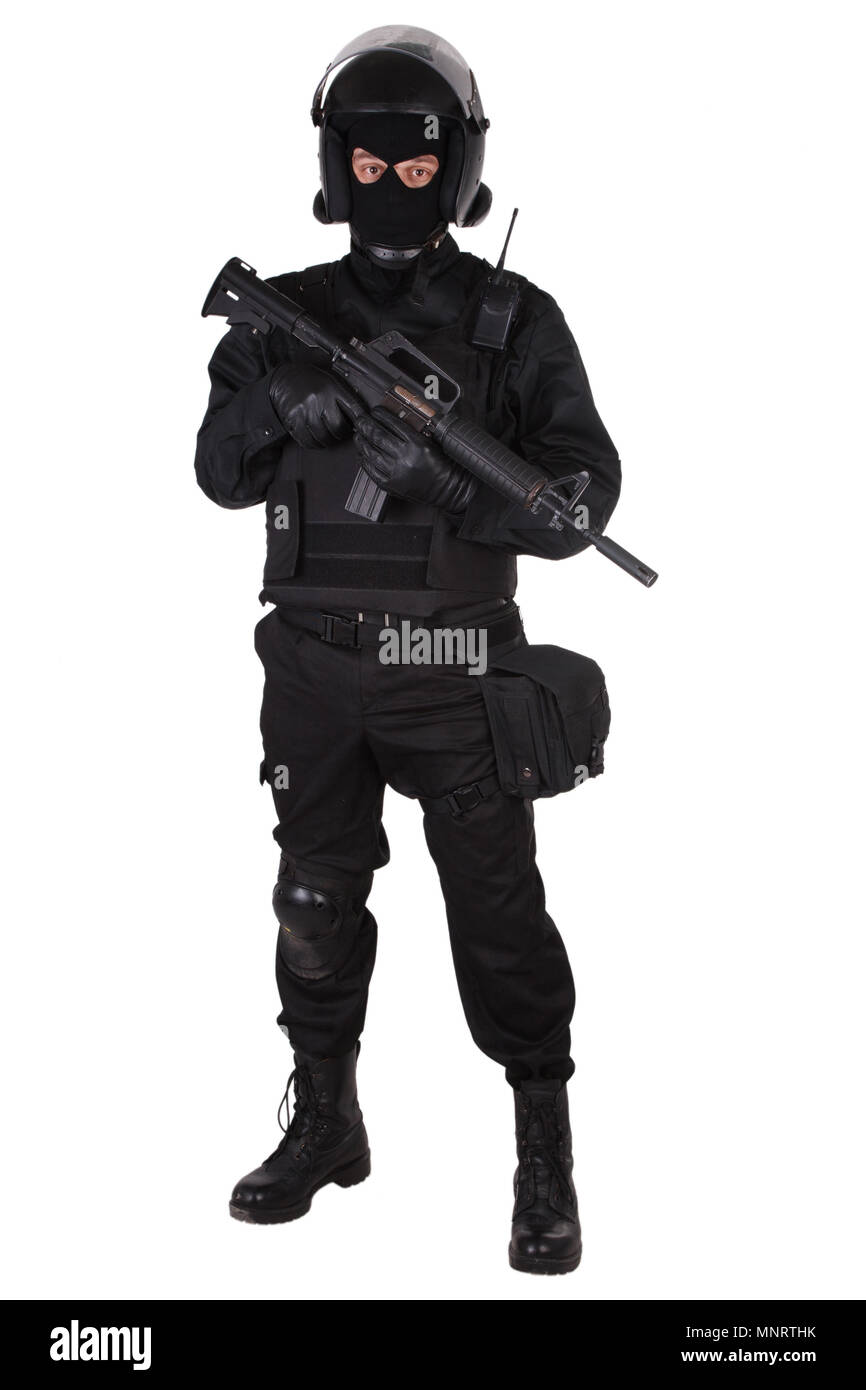 SWAT officer in black uniform isolated on white Stock Photo - Alamy