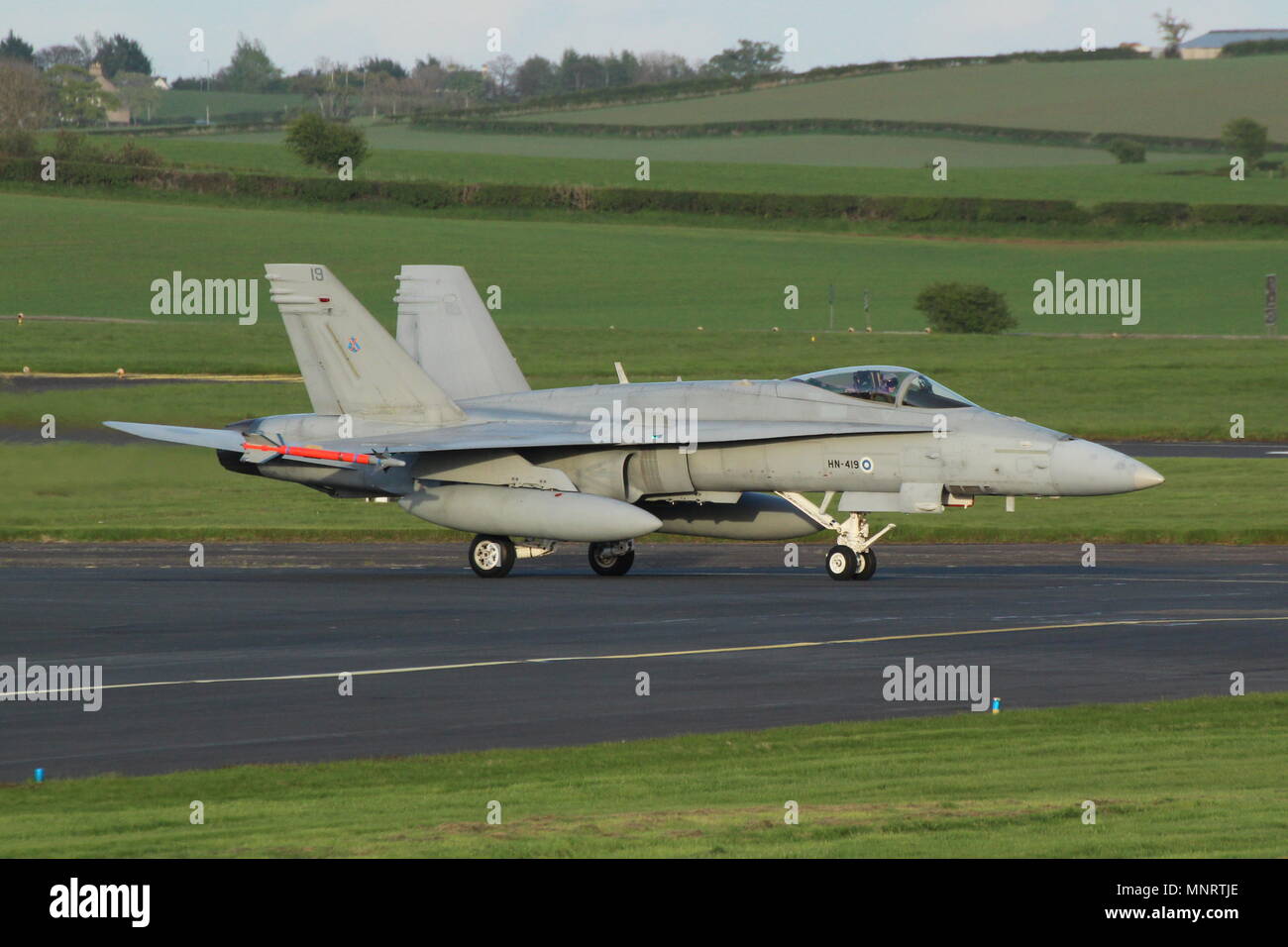 HN-419, a McDonnell Douglas F-18C Hornet operated by the Finnish Air Force, on arrival at Prestwick International Airport in Ayrshire. Stock Photo