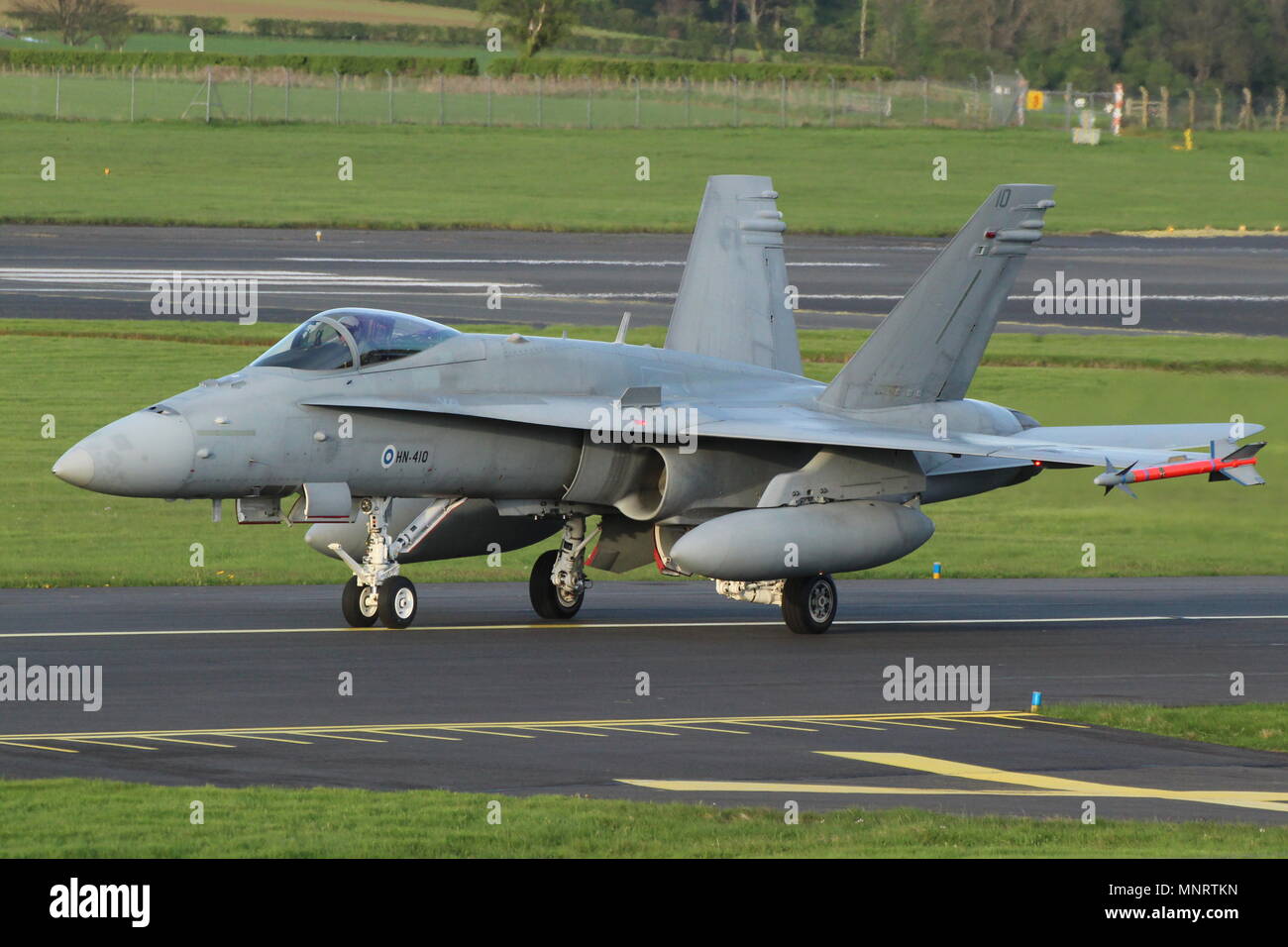 HN-410, a McDonnell Douglas F-18C Hornet operated by the Finnish Air Force, on arrival at Prestwick International Airport in Ayrshire. Stock Photo