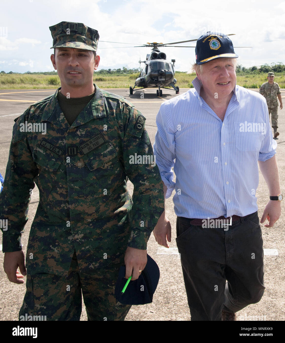 Foreign Secretary Boris Johnson visits the Nanay Naval Base on the Amazon river near Iquitos in Peru to meet members of the Peruvian armed forces who are trying to prevent the illegal wildlife trade. Stock Photo