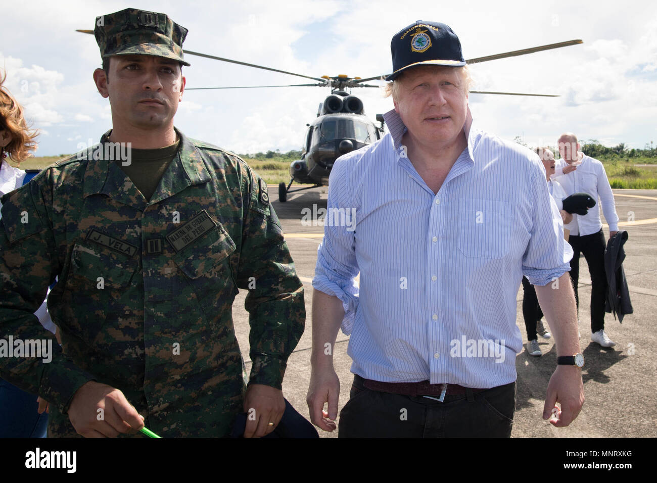 Foreign Secretary Boris Johnson visits the Nanay Naval Base on the Amazon river near Iquitos in Peru to meet members of the Peruvian armed forces who are trying to prevent the illegal wildlife trade. Stock Photo