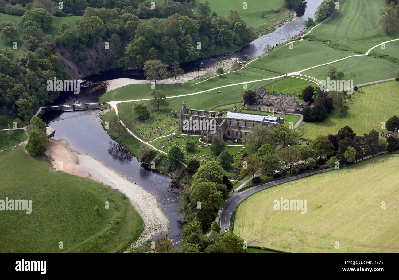 aerial view of Bolton Priory at Bolton Abbey near Skipton, North Yorkshire, UK Stock Photo
