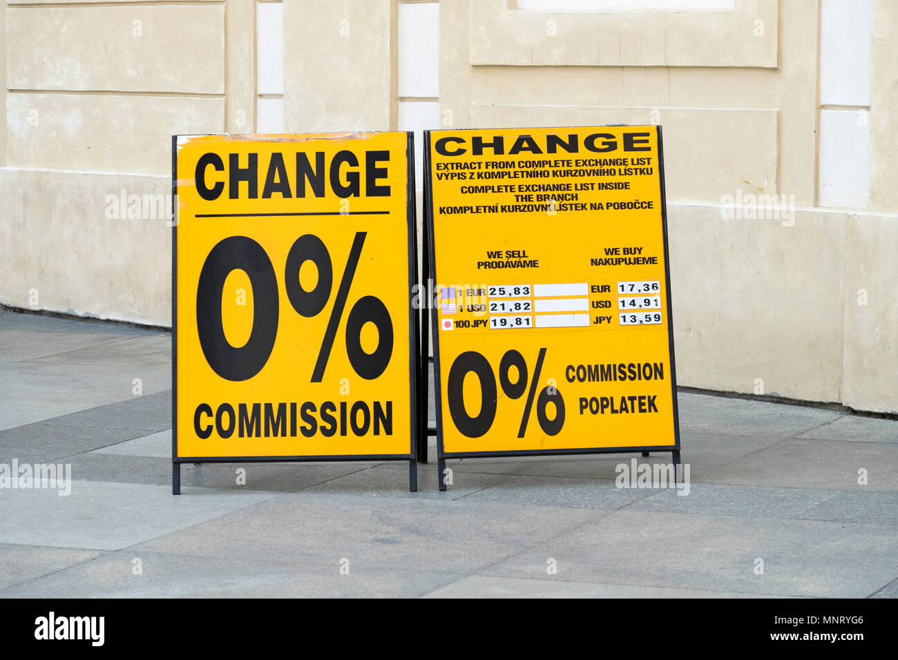A deceptive  misleading sign by a money changer  in Prague boasting about no commissions but rigging the exchange rate. Czech Republic. Stock Photo