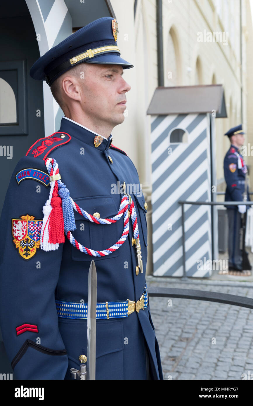 Sentries standing frozen at attention in front of the Prague Castle in Prague, Czech Republic. Stock Photo