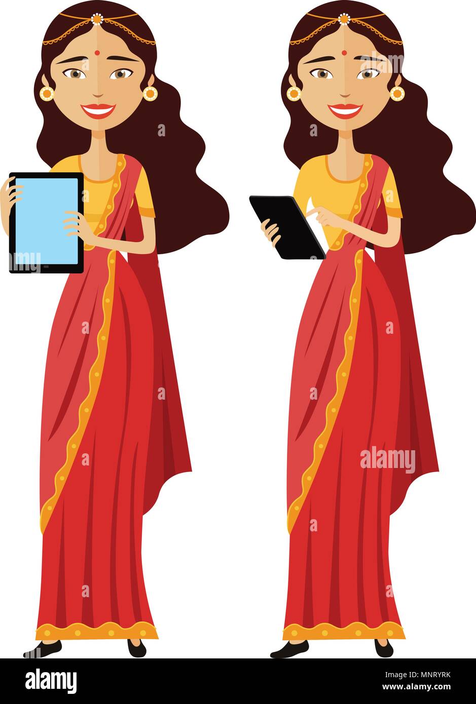 Indian smiling business woman standing with tablet isolated on white background Stock Vector