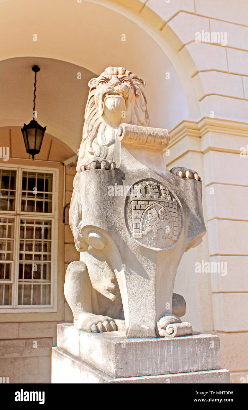 Symbol, emblem of the city Lviv, Ukraine. Marble sculpture a lion