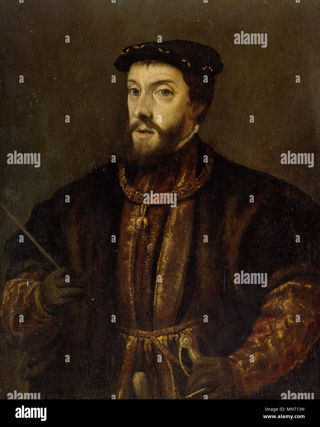 . English: Emperor Karl V. After a painting by Titian. Made in Venice . circa 1530. Unknown (15??-15??) 759 Karl V after Tiziano Stock Photo