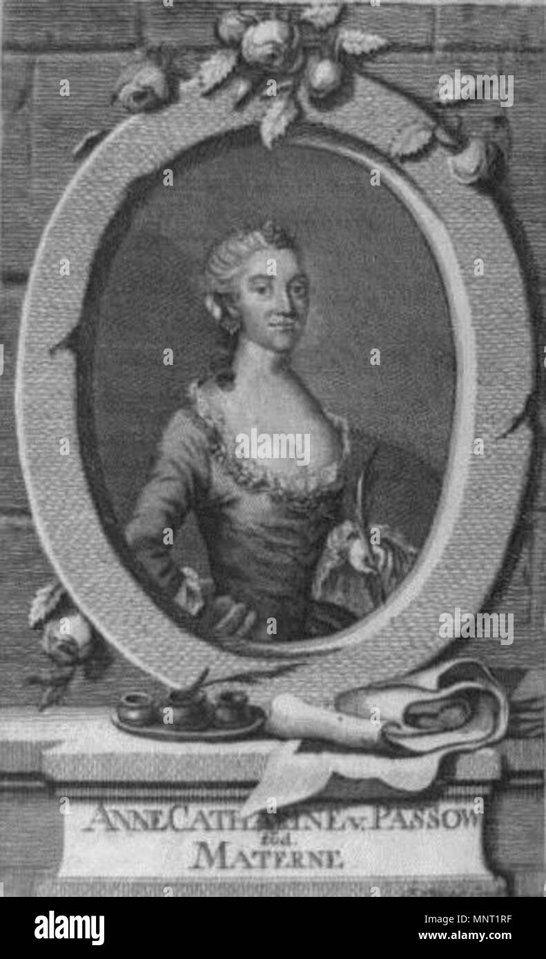 . English: Portrait of w:de:Anna Catharina von Passow aka Jomfru Materna, Danish actress and play-write . circa 1757. Jonas Haas 963 PassowCA crop Stock Photo