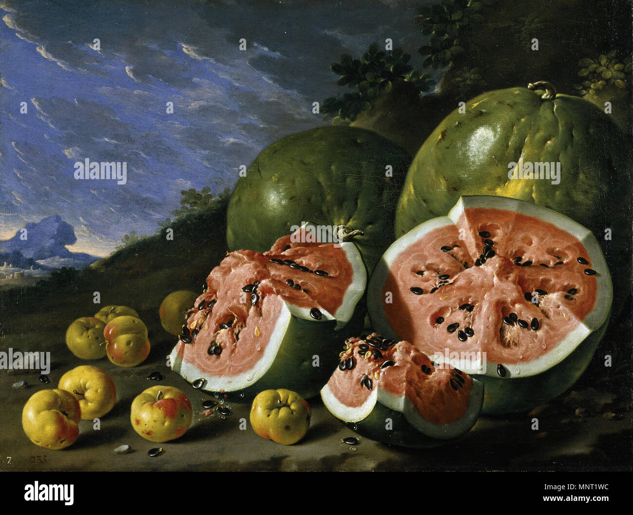Español: Bodegón con sandías y manzanas en un paisaje 18th century. 834 ...