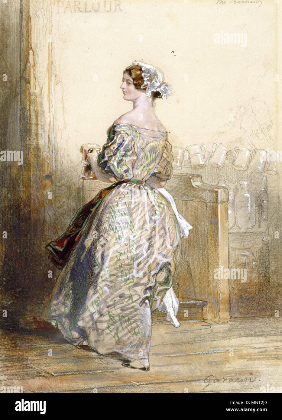 Paul Gavarni (French, 1804-1866). 'The Barmaid,' 1847-1851. watercolor, crayon, and graphite with white heightening and gum heightening on cream, moderately thick, slightly textured wove paper. Walters Art Museum (37.1442): Acquired by William T. Walters, 1865. 37.1442 966 Paul Gavarni - The Barmaid - Walters 371442 Stock Photo