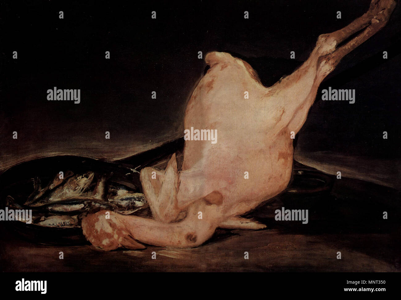 German: Stilleben, Gerupfter Truthahn und Pfanne mit Fischen   between 1808 and 1812.   968 Pavo desplumado por Goya Stock Photo