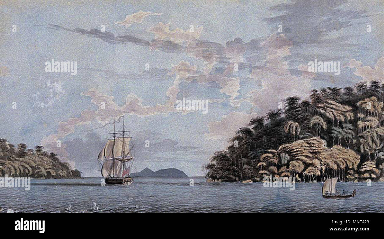 . English: Source: http://www.penangmuseum.gov.my/museum/sites/default/files/portfolio images/471.jpg Title: H.M.Brig.Viper - 16 Guns sailing between the Little Island of Pulo Reyma and Pulo Penang Media: Watercolour Width: 490 mm (19 in) Height: 275 mm (10.8 in) Year of creation: 1778 Mode of acquisition: Purchased 1977 (Parker Gallery) . 1778. Penang State Museum and Art Gallery 972 Penang Museum historical painting 471 Stock Photo