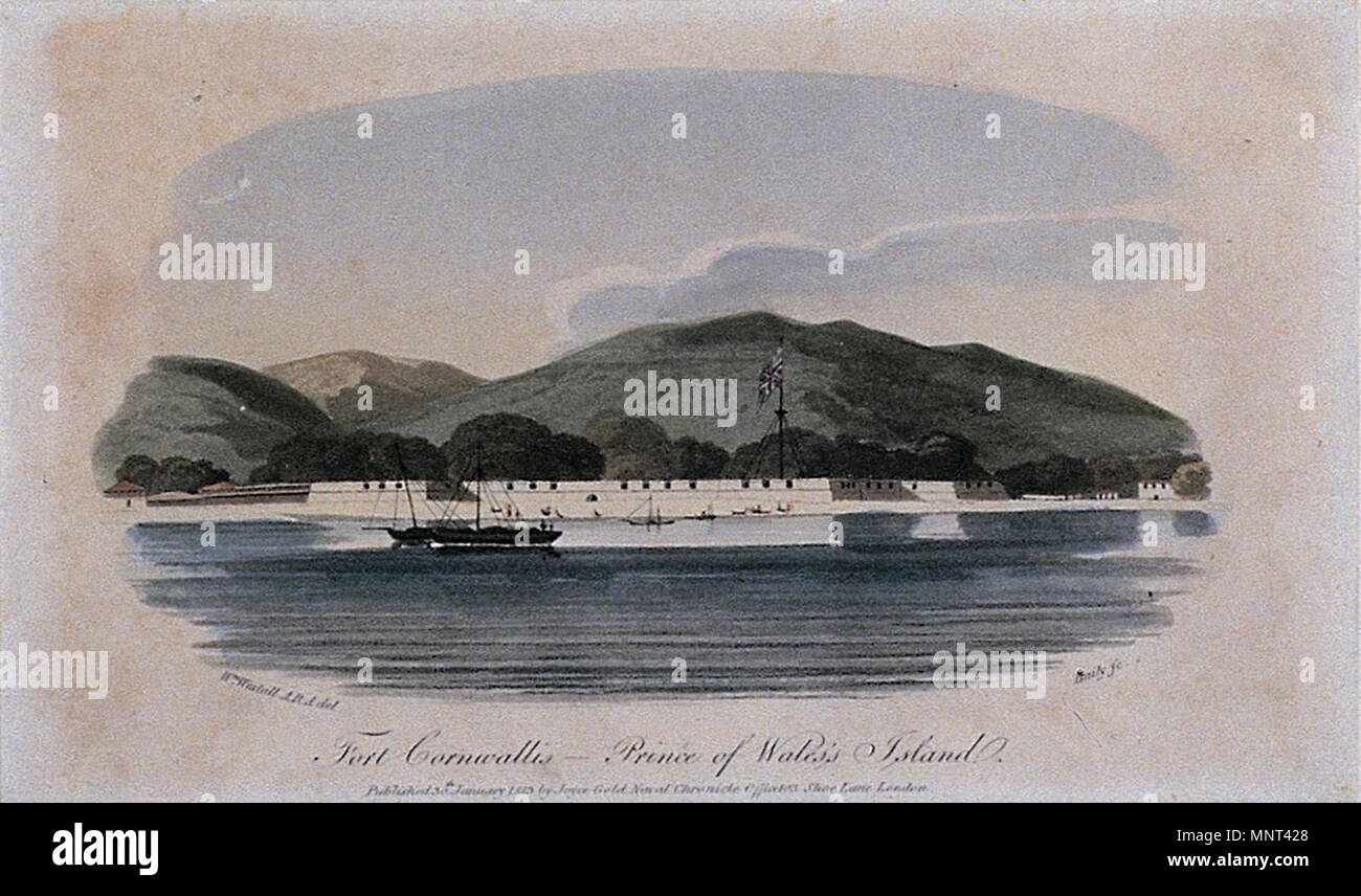 . English: Source: http://www.penangmuseum.gov.my/museum/sites/default/files/portfolio images/N164b.jpg Title: Fort Cornwallis, Prince of Wales's Island Media: Engraving Width: 210 mm (8.3 in) Height: 128 mm (5.0 in) Year of creation: 1804 Mode of acquisition: Purchased 1983 (Martyn Gregory) . 1804. Penang State Museum and Art Gallery 972 Penang Museum historical painting N164b Stock Photo