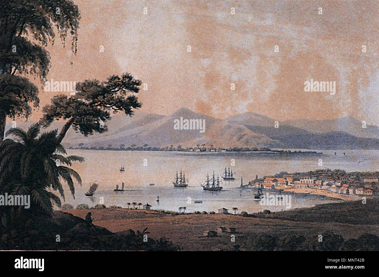 . English: Source: http://www.penangmuseum.gov.my/museum/sites/default/files/portfolio images/N172b.jpg Title: View Overlooking Georgetown Media: Print 1814 Width: 220 mm (8.7 in) Height: 140 mm (5.5 in) Year of creation: 1811 . 1811. Penang State Museum and Art Gallery 972 Penang Museum historical painting N172b Stock Photo