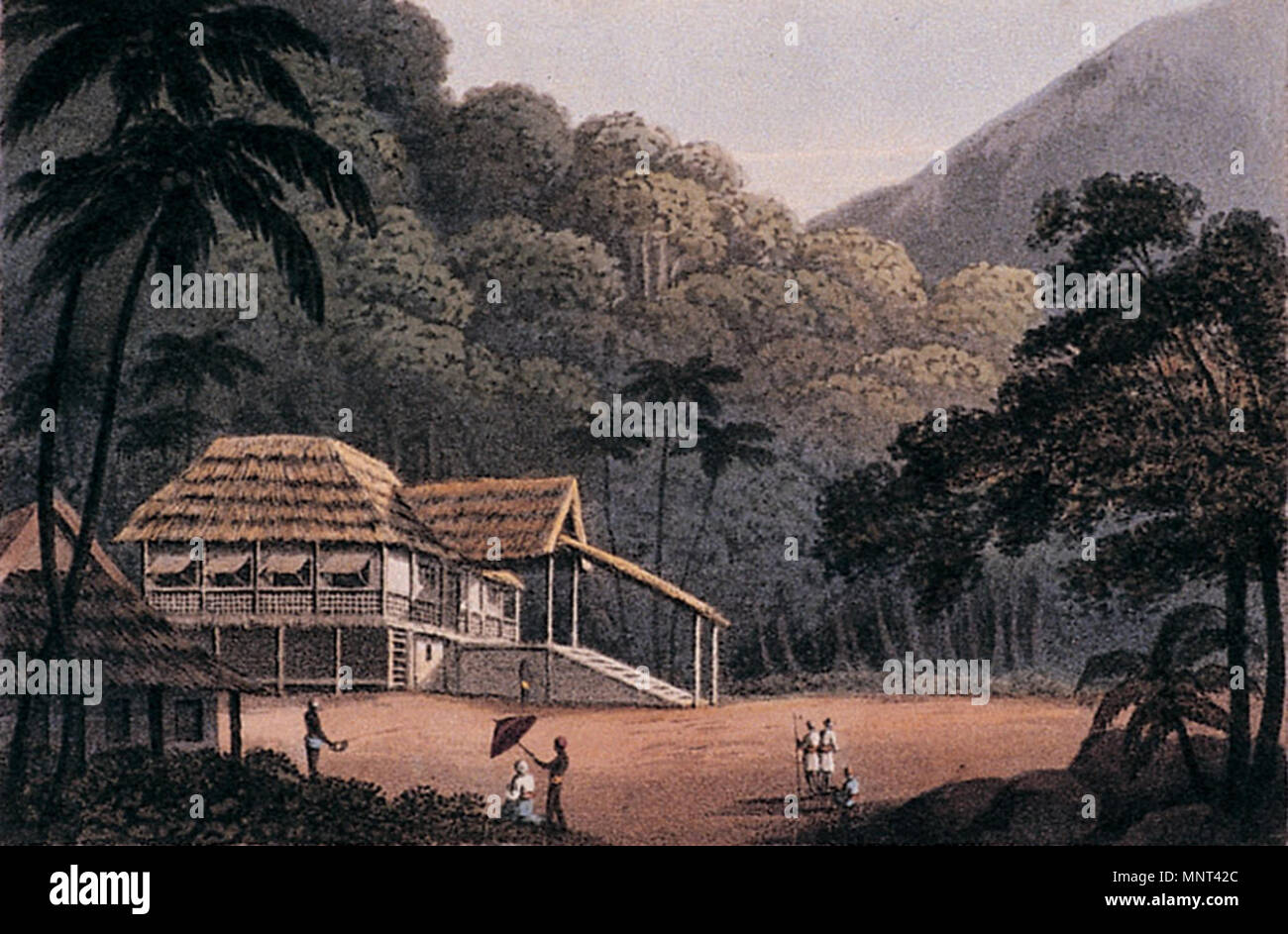 . English: Source: http://www.penangmuseum.gov.my/museum/sites/default/files/portfolio images/R199b.jpg Title: 'Mr Amee's House & Mill at Pulo Penang Media: Print 1814 Width: 218 mm (8.6 in) Height: 144 mm (5.7 in) Year of creation: 1811 . 1811. Penang State Museum and Art Gallery 972 Penang Museum historical painting R199b Stock Photo