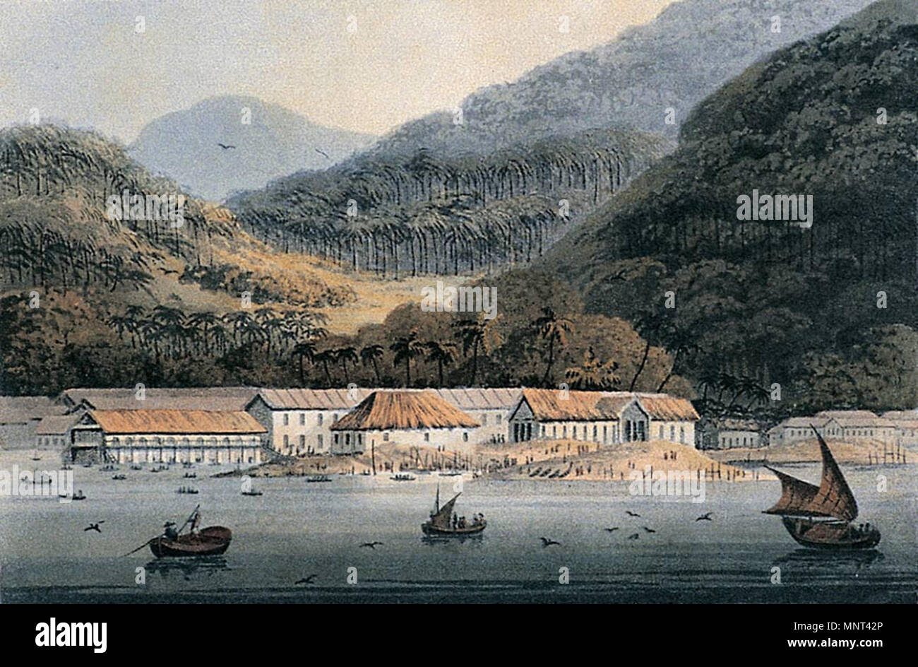 . English: Source: http://www.penangmuseum.gov.my/museum/sites/default/files/portfolio images/N171b.jpg Title: George Town near Pulo Penang Media: Print 1814 Width: 218 mm (8.6 in) Height: 144 mm (5.7 in) Year of creation: 1811 . 1811. Penang State Museum and Art Gallery 972 Penang Museum historical painting N171b Stock Photo