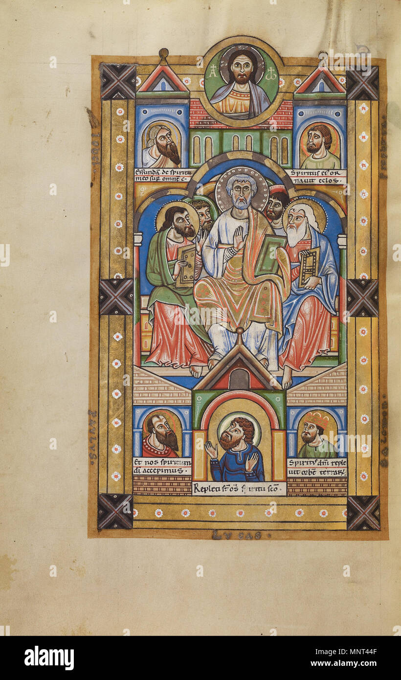 Pentecost . A full-page miniature illustrates the Mass for Pentecost. At  the top of the page, the Alpha and Omega, the first and last letters of the  Greek alphabet, flank Christ. They