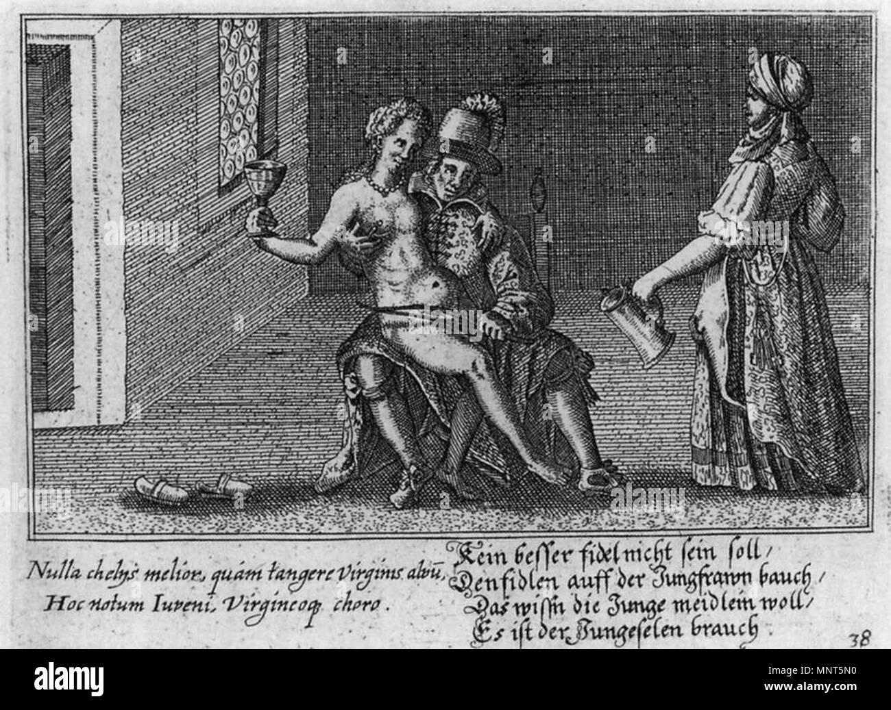 English Illustration English this right text means There is no better violin than the belly of a virgin. The young woman would like it it is the custom of the youth.