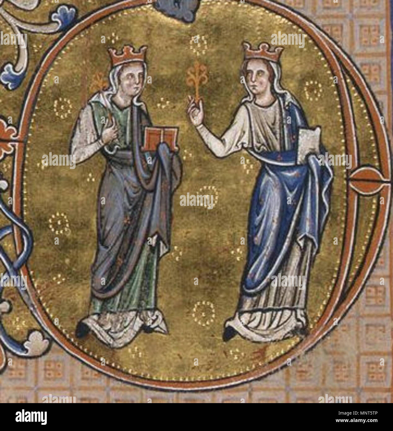 . Two female personifications (probably Mercy and Truth), from an historiated letter in the 'Peterbourough Psalter, Fitzwilliam Museum MS 12, fol. 12v . circa 1220-25. Unknown master 979 Peterborough Psalter c 1220-25 Mercy and Truth Stock Photo