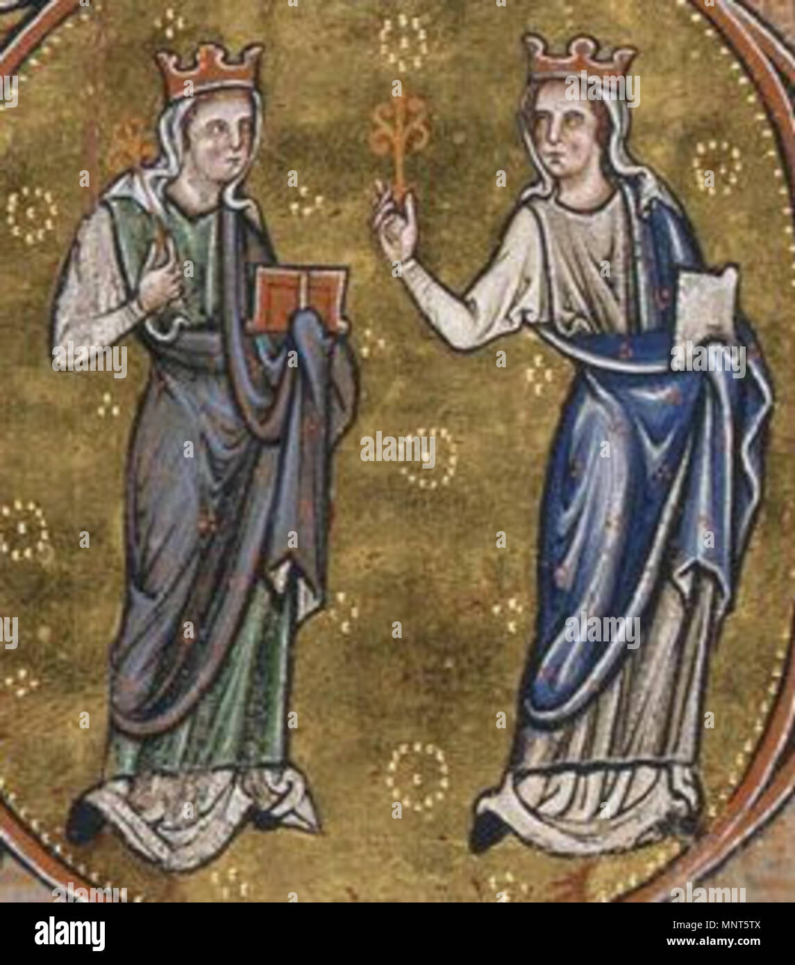 . Detail of two female personifications (probably Mercy and Truth), from an historiated letter in the 'Peterbourough Psalter, Fitzwilliam Museum MS 12, fol. 12v . circa 1220-25. Unknown master 979 Peterborough Psalter c 1220-25 Mercy and Truth detail Stock Photo