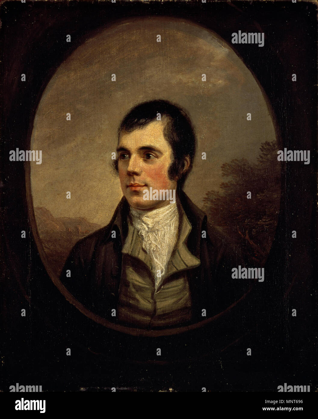 Robert Burns, 1759 - 1796. Poet .  English: Robert Burns, 1759 - 1796. Poet 1787. This half-length portrait of Burns, framed within an oval, has become the most well-known and widely reproduced image of the famous Scottish poet. Nasmyth's painting, commissioned by the publisher William Creech, was to be engraved for a new edition of Burn's poems. He is shown fashionably dressed against a landscape, evoking his rural background in Alloway, Ayrshire. Burns and Nasmyth had become good friends, having been introduced to one another in Edinburgh by a mutual patron, Patrick Miller of Dalswinton. Nas Stock Photo