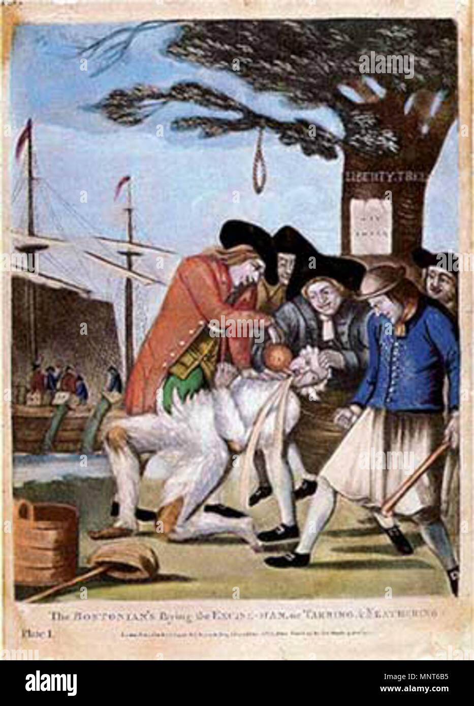 English: The Bostonians Paying the Excise-man, or Tarring and Feathering. Deutsch: Die Bostoner Söhne der Freiheit 'bezahlen' den loyalistischen Steuereintreiber John Malcolm am 5 January 1774 unter dem Liberty Tree in Boston, Massachusetts. Malcolm ist geteert und gefedert, in seinen Mund wird Tee gegossen. Im Hintergrund ist die (eigentlich 4 Wochen zuvor geschehene) Boston Tea Party zu sehen. Français : Les Bostoniens payant le collecteur d'accises, ou l'application du goudron et des plumes. .  Deutsch: Die Söhne der Freiheit, die einen Steuereintreiber unter dem Freiheitsbaum teeren und fe Stock Photo