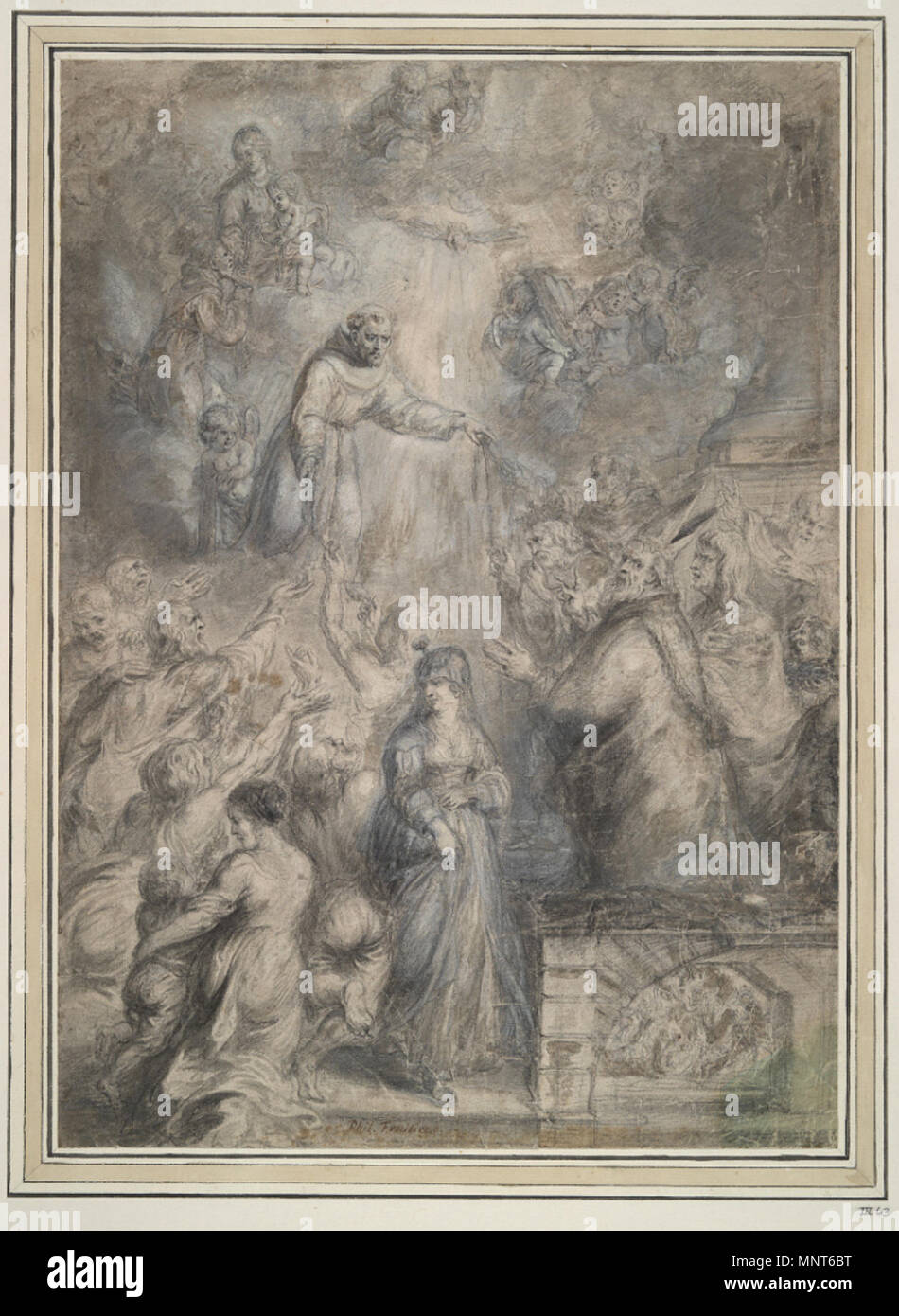 . English: Philip Fruytiers, The Distribution of Franciscan Cords, Black chalk and brush and gray ink heightened with white (partly oxidized), traced for transfer, Sheet: 37.8 x 27.1 cm (14 7/8 x 10 11/16 in.), 1647-1649, Yale University Art Gallery . 17th century.   Philip Fruytiers  (1610–1666)    Alternative names Philip Fruijtiers, P.H. Francken, Philip Fruitiers, Monogrammist PHF  Description Flemish painter, draughtsman, printmaker and miniaturist  Date of birth/death 10 January 1610 19 June 1666  Location of birth/death Antwerp Antwerp  Work period from 1627 until 1666  Work location An Stock Photo