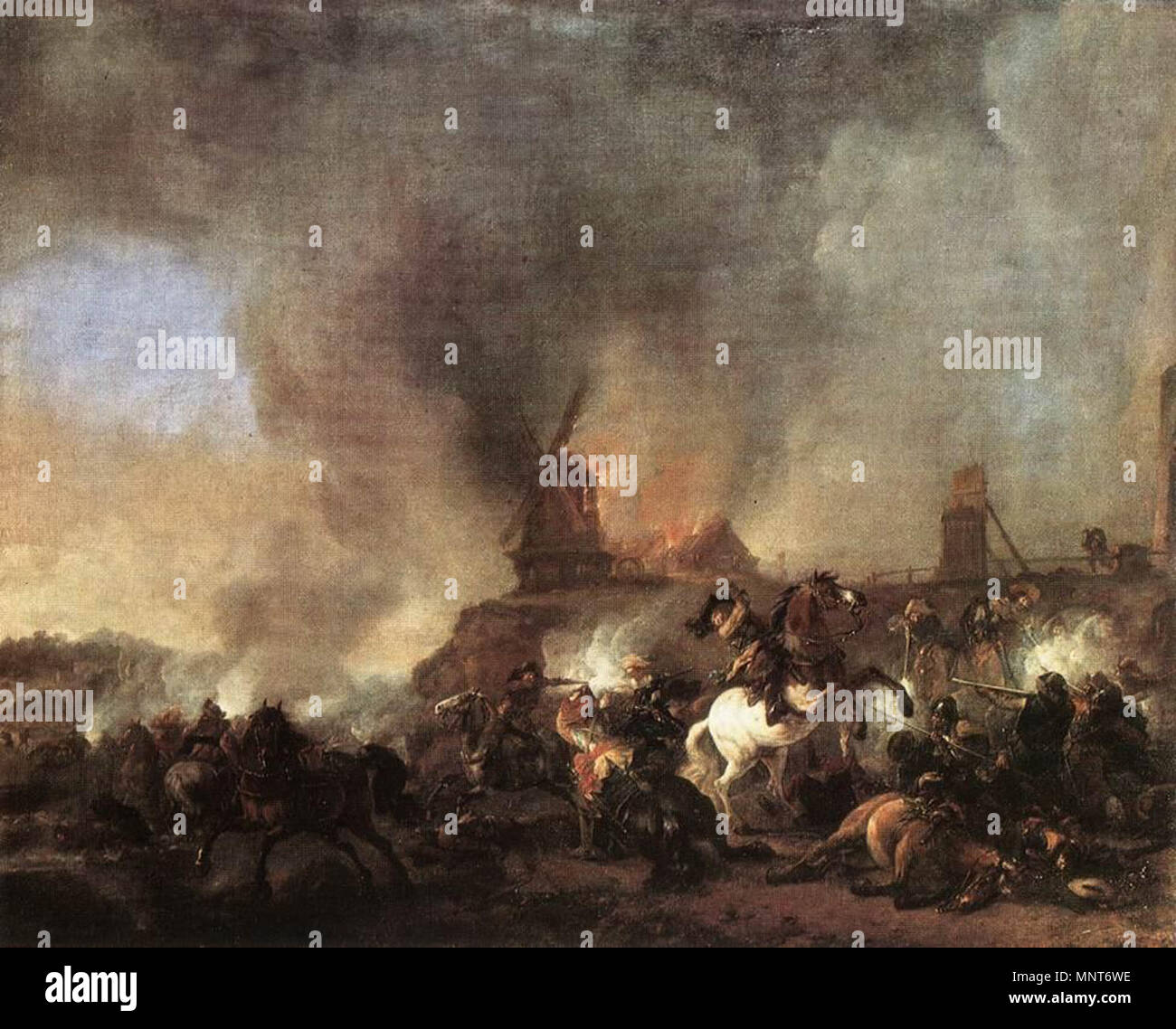 Cavalry Battle in front of a Burning Mill   1660s.   983 Philips Wouwerman - Cavalry Battle in front of a Burning Mill - WGA25869 Stock Photo