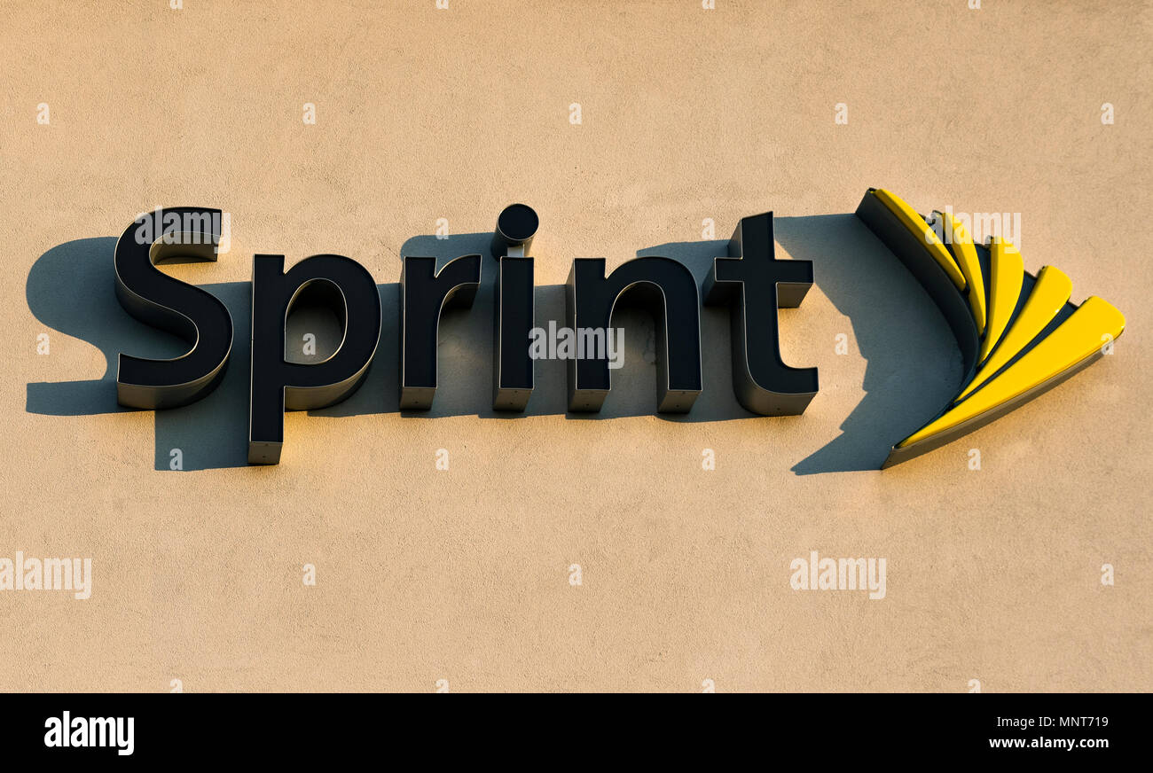 Sprint logo on the exterior of a store, Mount Laural, New Jersey, USA. Stock Photo