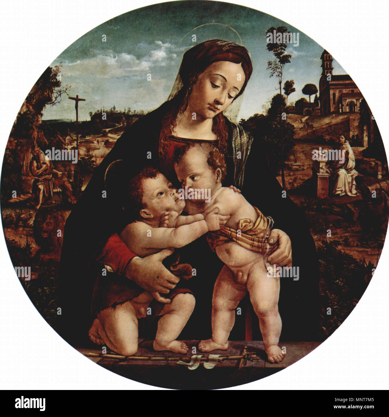 Deutsch: Madonna mit Hl. Johannes dem Täufer, Tondo   circa 1500.   986 Piero di Cosimo 028 Stock Photo