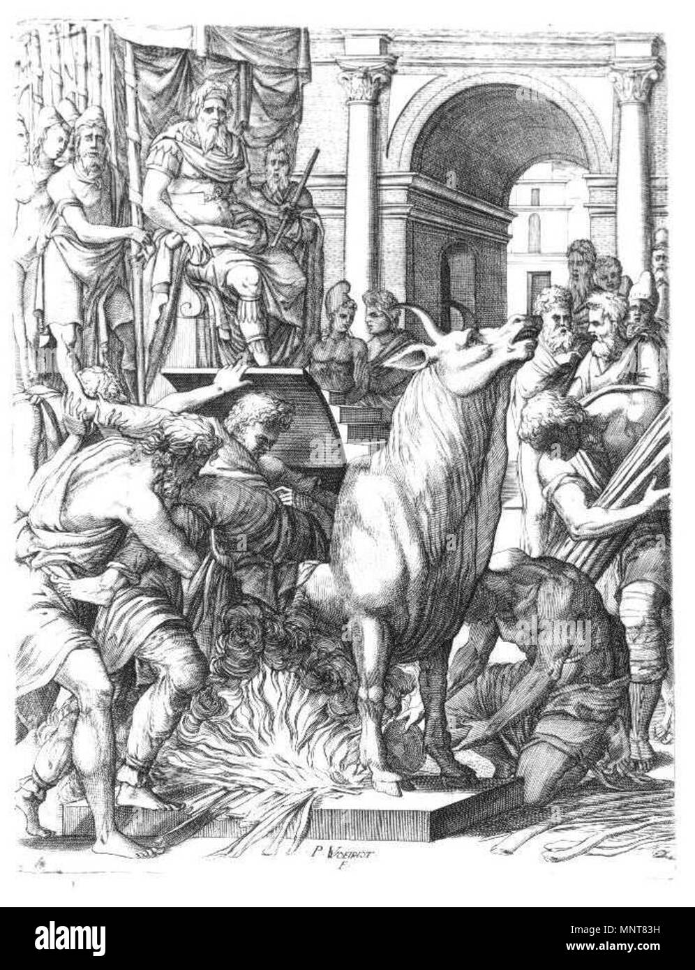 .  Deutsch: Phalaris, der Tyrann von Agrigent, läßt den Künstler Perilles in einen Bronzestier einschließen. English: Phalaris condemning the sculptor Perillus to the Bronze Bull, after Baldassare Peruzzi . before 1562.   988 Pierre Woeiriot Phalaris Stock Photo