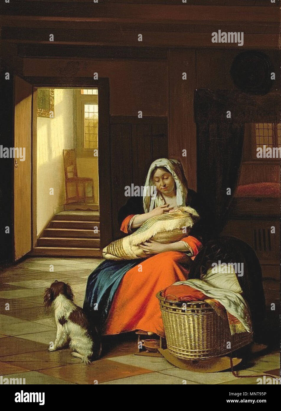 Mother Nursing Her Child 1674 1676 992 Pieter De Hooch Woman Nursing By A Cradle With A Dog At Her Feet Stock Photo Alamy