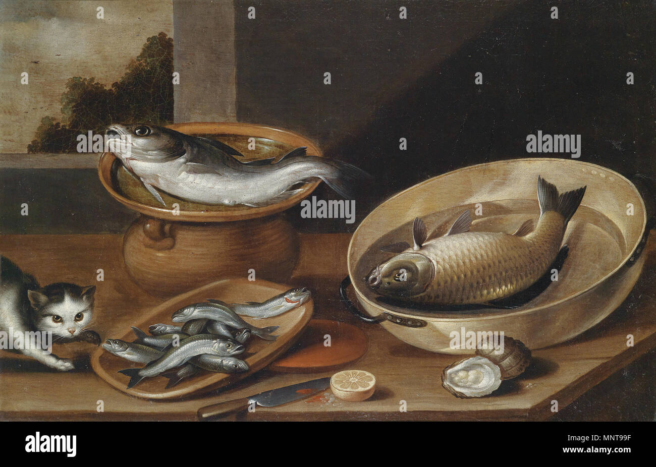 Still Life With Fish And A Cat German Fischstillleben Mit