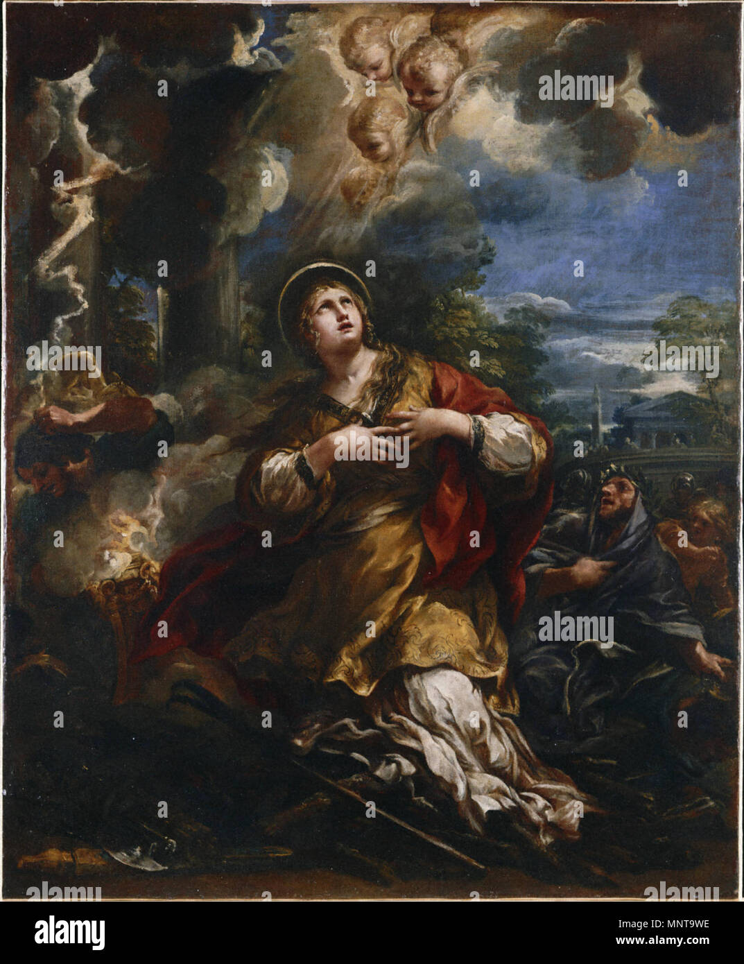 English: Saint Martina Refuses to Adore the Idols .  English: Catalogue Entry: The relics of Saint Martina were found in 1634 beneath the church of Saints Luca and Martina, which Pietro da Cortona renovated during the pontificate of Urban VIII; the painting was most likely in the Barberini Collection and made for Cardinal Francesco Barberini, the pope’s nephew, patron of the Academy and sponsor of the restoration of Saints Luca and Martina. Martina was one of the Roman virgin martyr saints who died for their faith before Christianity became the state religion under Emperor Constantine in a.d. Stock Photo