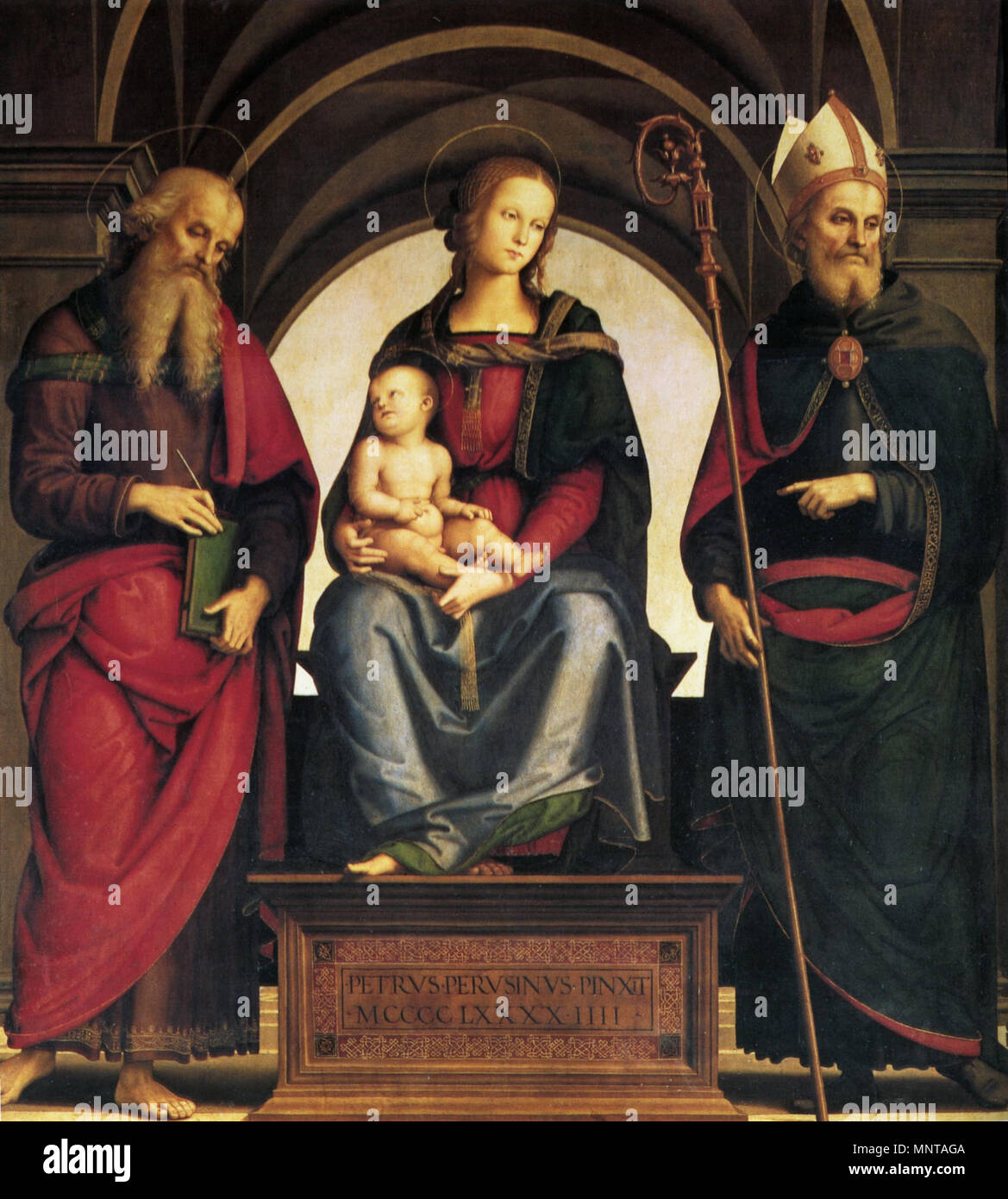 Madonna enthroned with child and Saints John the Evangelist and Augustine .  Pietro Perugino: Madonna in trono col Bambino tra i santi Giovanni e  Agostino. Cat. no. 38 in Vittoria Garibaldi: Perugino.