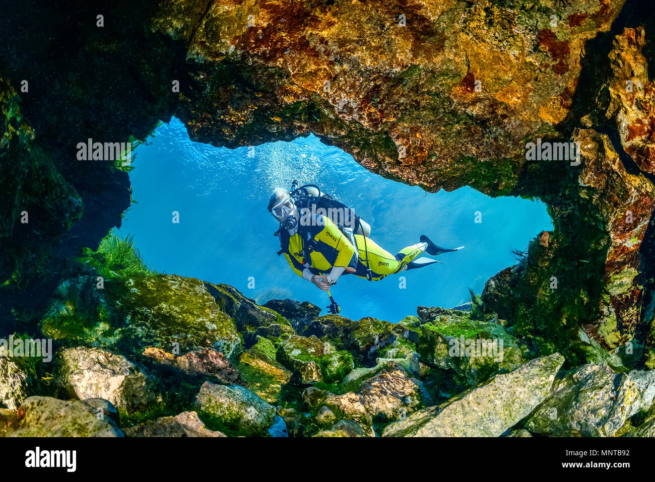 woman scuba diver, exploring a small freshwater spring in the Rainbow River, Dunnellon, Florida, USA, MR Stock Photo