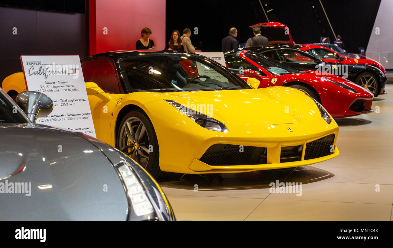 BRUSSELS - JAN 12, 2016: Row of Ferrari sport cars showcased at the Brussels Motor Show. Stock Photo