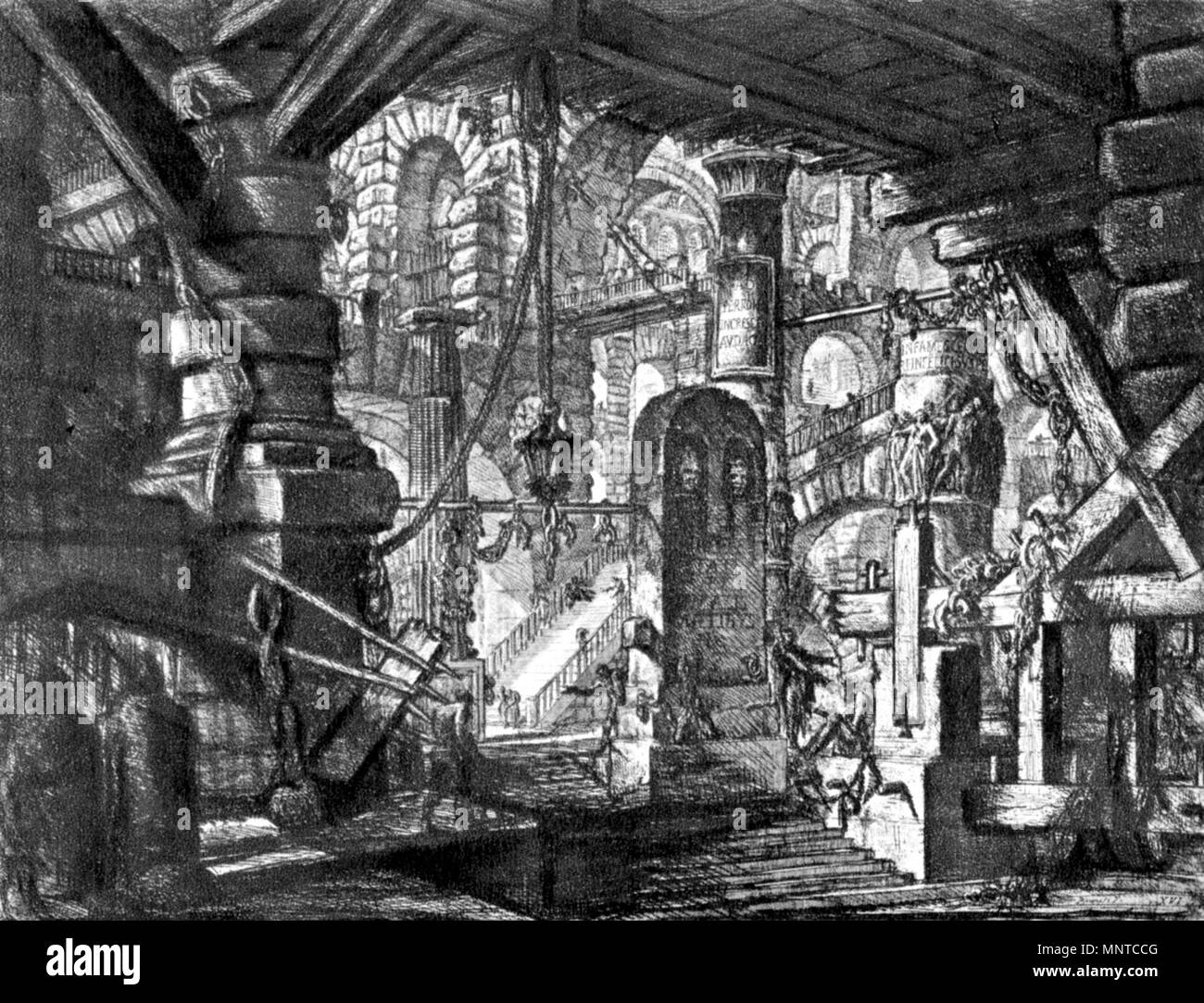 .   Giovanni Battista Piranesi  (1720–1778)       Alternative names Gian Battista Piranesi; Giovan Battista Piranesi; Piranesi; Gianbattista Piranesi  Description printmaker, architect and engraver  Date of birth/death 4 October 1720 9 November 1778  Location of birth/death Mogliano Veneto, Republic of Venice Rome, Papal States  Authority control  : Q316307 VIAF: 2546239 ISNI: 0000 0001 2117 9992 ULAN: 500114965 LCCN: n79006767 NLA: 35424195 WorldCat    English: Giovanni Battista Piranesi: Untitled etching (called 'The Pier with Chains'), plate XVI (of 16) from the series The Imaginary Prisons Stock Photo