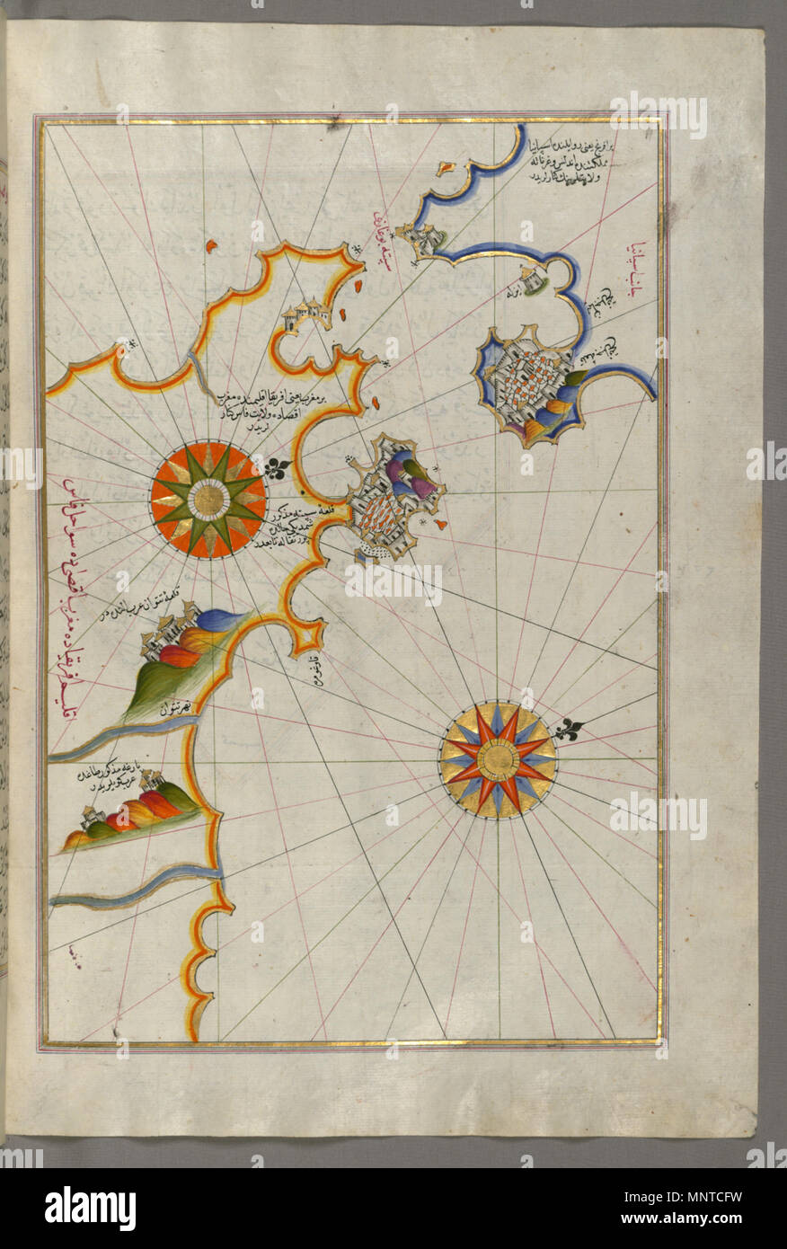 Piri Reis (Turkish, 1465-1555). 'Leaf from Book on Navigation,' 17th-18th century. ink, paint, and gold on paper. Walters Art Museum (W.658.264B): Acquired by Henry Walters. W.658.264b 1003 Piri Reis - Map of Southern Spain and Morocco with the Cities of Gibraltar, Ceuta and Tetouan - Walters W658264B - Full Page Stock Photo